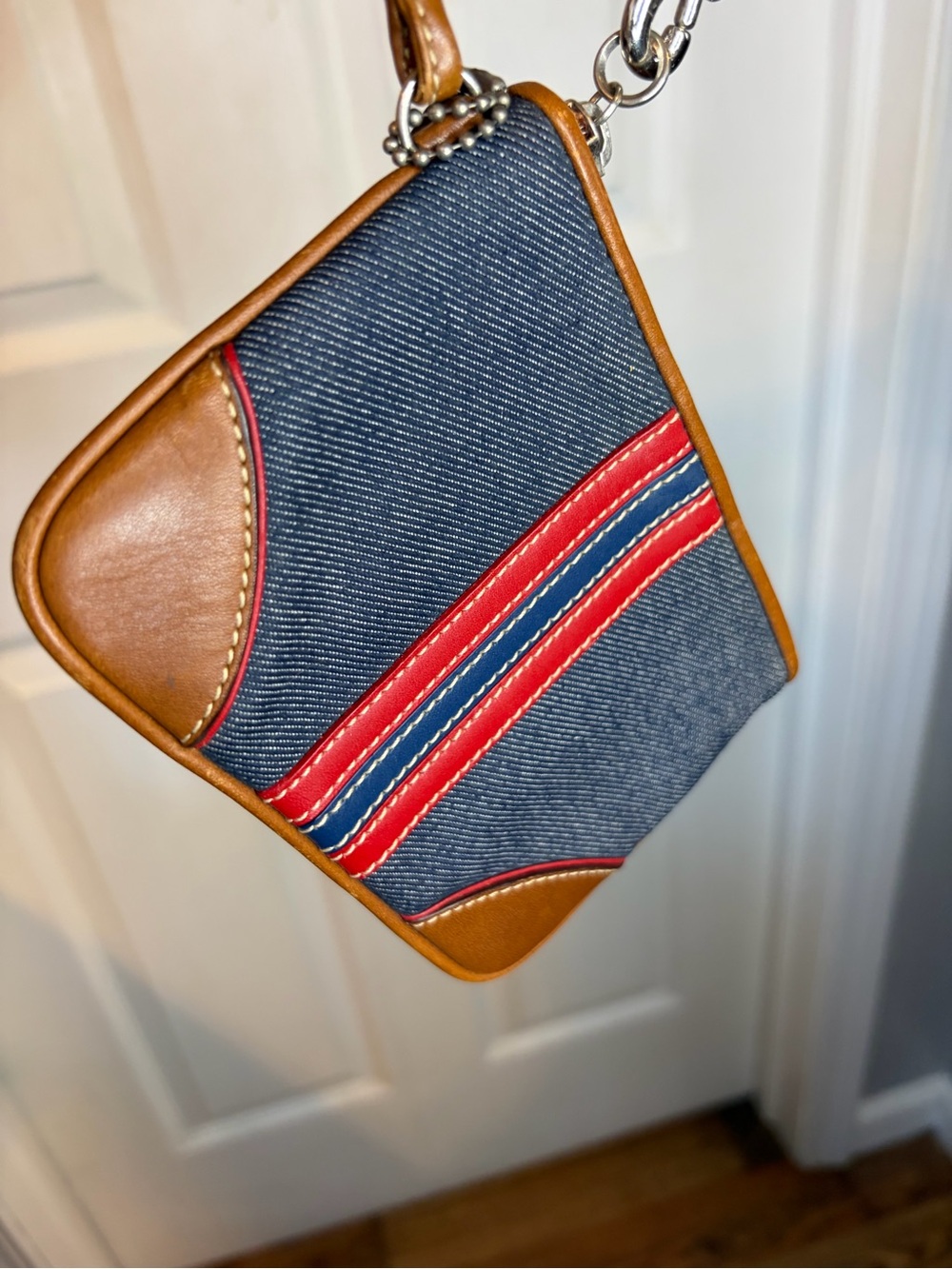 Coach Denim Wristlet with Tan Leather and Red Stripe Y2K - Picture 10 of 10